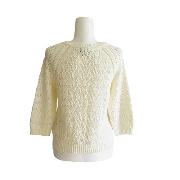 Lark Lane Cardigan Sweater Cream Cotton Crochet 3/4 Sleeve Cardigan Size Small - Picture 5 of 12